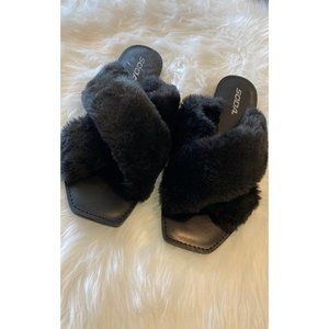 Black Fur Cross Strap Slide Sandals